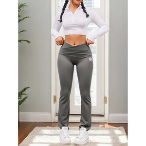 Leggings de yoga taille haute pour femmes avec design froncé push-up, pantalon de sport en spandex pleine longueur, couleur unie, taille élastique, sans couture - Product Image 3