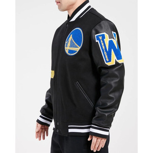 Chaqueta Universitaria Negra Vintage con Logotipos Bordados, Chaqueta de Béisbol con Mangas de Cuero Genuino - Product Image 5