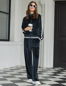 Women's Stylish Cozy Velvet Lounge <b>Tracksuit</b> 2-Piece Velour Outfit Zip-Up Top Sweatpants Pockets Breathable Stylish Loungewear - Product Image 4