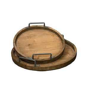 Juego de dos bandejas de servicio de hoteles de gran calidad Bandejas de madera de calidad superior con forma de gran tamaño con asas de metal - Product Image 3