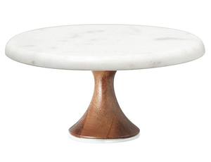 Support à gâteau en marbre blanc avec base en bois d'acacia |   Support de présentation de desserts rond en marbre pour boulangerie, mariage, fête - Product Image 2