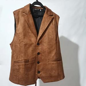 Men's Casual Waistcoat European Style Vintage Gilet with <b>Stand</b> Collar Faux Leather Slim Lapel Vest for Male - Product Image 1