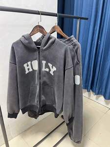 Custom 400 Gsm Heavyweight Cotton Black <b>Lined</b> Drop Shoulder <b>Hoodie</b> Faded Distressted Cropped <b>Hoodie</b> - Product Image 3