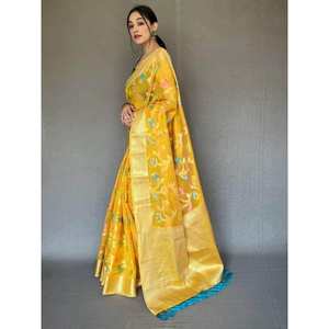 Elegante Sari de Seda Organza Amarillo con Blusa para Bodas - Product Image 3