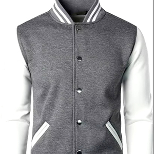 <b>Brushed</b> sleeve varsity Jacket for men with striped rib neck front smooth inside and bold arm contrast for street daily look - Product Image 2