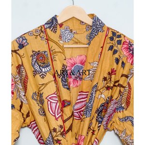 Pijama de mujer con estampado floral, kimono de dama de honor, traje de noche, túnica india, batas estampadas orgánicas 100% algodón con cuello en V frontal - Product Image 4