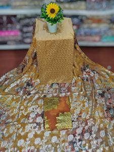 Tela de Chifón Ligera, Auténtica, Moderna, Fransawi Dirac, Jacquard Liso, con Brillo Dorado, Diseño Floral y Hojas Verdes, 2026 - Product Image 3