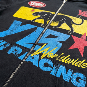 Sweat-shirt décontracté pour homme Young Blood Racing, à fermeture éclair sur le devant, imprimé, en polyester noir, avec logo panthère et manches bleues - Product Image 3
