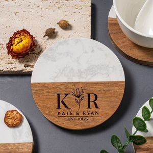 Custom Home Bar Coaster Set Creative Marble and Acacia Wooden Round Mats & Pads Spliced Marble Coasters - Product Image 4