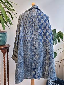 100% Natural Cotton Fabric Indigo Kantha Kimono Jacket Handmade Digital Festive Party <b>Dresses</b> Summer Spring Washable Giftings - Product Image 2
