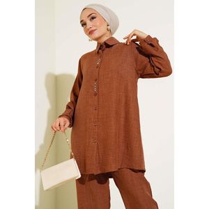 Ensemble 2 pièces en lin brodé brun - Product Image 1
