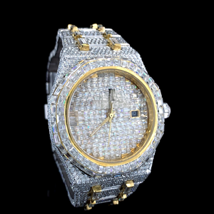 Montre unisexe entièrement sertie de diamants en moissanite, mouvement mécanique, bracelet en acier inoxydable et cuir, verre analogique, jaune, blanc, personnalisée - Product Image 1