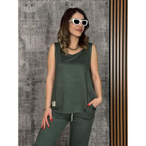 Ensemble deux pièces pour femme, chemisier à bretelles et col rond en viscose à deux fils et pantalon de survêtement, 26609 - Kaki - Product Image 2