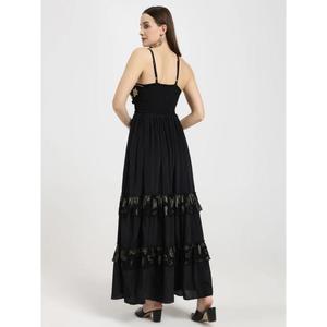 Robe longue maxi à volants brodée noire pour femmes, sans manches, col en V, robe de soirée, vente en gros - Product Image 4