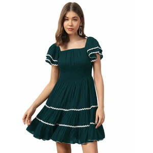 Deebaco Women's Teal Blue Solid A-Line Lace-Up Tiered Mini <b>Dress</b> With Ruffle Sleeve Square Neck Casual Summer Style - Product Image 6