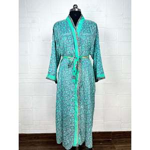Recycled Vintage Silk Sari Robe Floral Print Boho House <b>Kimono</b> Dressing Gown <b>Beach</b> Coverup Bridesmaid Anniversary Gift for Her - Product Image 1