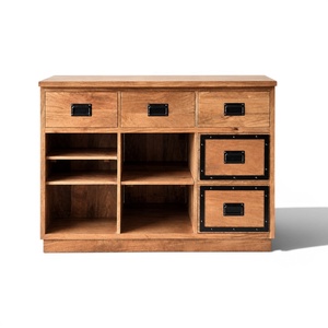 Îlot de cuisine en bois de manguier massif Nexa avec unité de rangement |   Armoire industrielle moderne 5 tiroirs 2 étagères Cadre en métal noir |   Personnalisé - Product Image 1