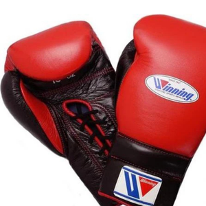 ถุงมือชกมวยแบบผูกเชือก Winning สีแดงดำ หนังแท้คุณภาพพรีเมียม สำหรับการฝึกซ้อมและการแข่งขันระดับมืออาชีพ ขนาด 8 ออนซ์ 10 ออนซ์ 12 ออนซ์ - Product Image 2