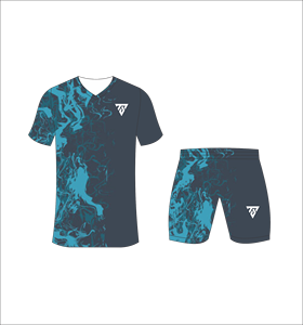 Custom sublimated soccer uniform <b>set</b> for men with dark charcoal and cyan <b>paint</b> splatter print jersey and matching shorts - Product Image 5