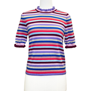 เสื้อสเวตเตอร์คอวีทรงหลวม แขนพองระบายสั้น ผ้าคอตตอนถักเนื้อบาง รุ่น SS23 สำหรับผู้หญิง ลายเรียบ โลโก้ด้านหน้า สไตล์ลำลอง - Product Image 1