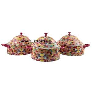Juego de ollas de doble pared de metal de tres cazuelas de diseñador impresas, vajilla de lujo de forma redonda, calentador de alimentos de metal - Product Image 1