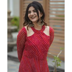 Ensemble de tenue de sport décontractée Rahi Red Bandhej, tissu en mousseline de soie pure, motif brodé, style droit, tailles XXL XL, cheville - Product Image 6