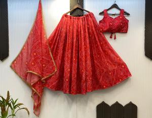 Bandhani especial indio impreso Lehenga Choli étnico elegante Color naranja Choli último Festival boda ropa clásica para mujeres - Product Image 4