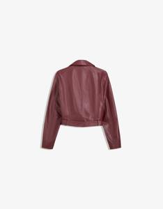 Veste universitaire en cuir bordeaux pour femmes, style moto classique, ceinture, fermeture éclair, asymétrique, style vintage, décontractée, haut d'automne et d'hiver, coton - Product Image 6