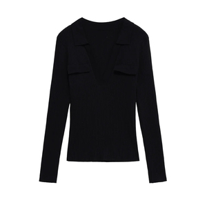 2025 automne femmes hauts couleur unie à manches longues revers mince haut en tricot dames Sexy col en v Design décontracté mode pull pull - Product Image 4