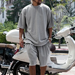 2025 américain lourd couleur unie petit décolleté T-shirt à manches courtes hommes été 425G Shorts Sports et loisirs costume ample - Product Image 1