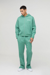 Unisex Oversized Cropped Hooded Tracksuit 100% Cotton Dark Green Boxy Custom Printed Zip up Hoodie Bootcut <b>Sweatpants</b> DTG Print - Product Image 2