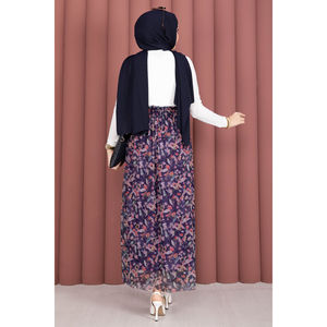 Navy Blue Floral Patterned <b>Elastic</b> Waist Chiffon Tulle <b>Skirt</b> with Soft Print Decoration - Product Image 5