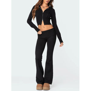 Conjunto Deportivo Extra Grande para Mujer 2025, Sudadera Corta con Cremallera Completa, Pantalones Deportivos Acampanados, Bordado Desgastado, Estilo Informal, Lavado - Product Image 4