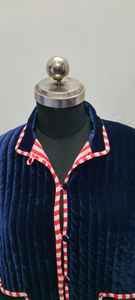 เสื้อแจ็กเก็ตกำมะหยี่สีน้ำเงินเข้มพร้อมกระเป๋าด้านหน้า, เสื้อเบลเซอร์ฤดูหนาวน้ำหนักเบาทำด้วยมือ - Product Image 3