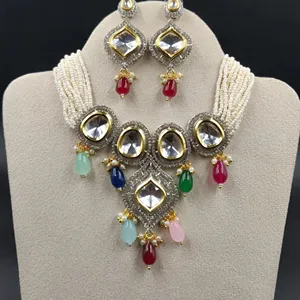 Indian Kundan Bezel Setting Necklace Set with Long Earrings Big stone Multi Color Monalisa stone Adjustable Pearl Wholesale