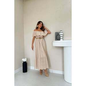 Beige Off-Shoulder Broderie Anglaise <b>Dress</b> - Beige - Product Image 1