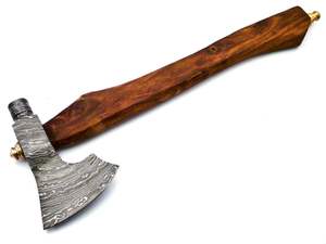 ขวานไวกิ้งโทมาฮอว์กเหล็กดามัสกัสทำด้วยมือพร้อมด้ามไม้และปลอกหนัง - Product Image 2
