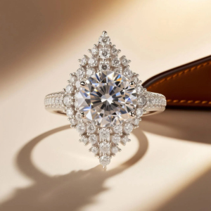 Bague de fiançailles de luxe en moissanite taille ronde, en argent sterling 925, avec halo, pour femme, style vintage, bague de promesse de mariage - Product Image 3