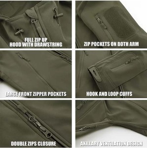 Chaqueta cortavientos Softshell táctica impermeable para hombre, equipo de caza cálido con capucha, bolsillo con cremallera, negro, actividades al aire libre de invierno - Product Image 4