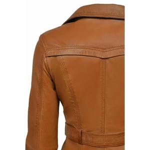 Femmes en peau d'agneau 100% cuir Long Trench Coat Double boutonnage Tan ceinture pardessus veste mode femme en cuir Trench Coat - Product Image 3