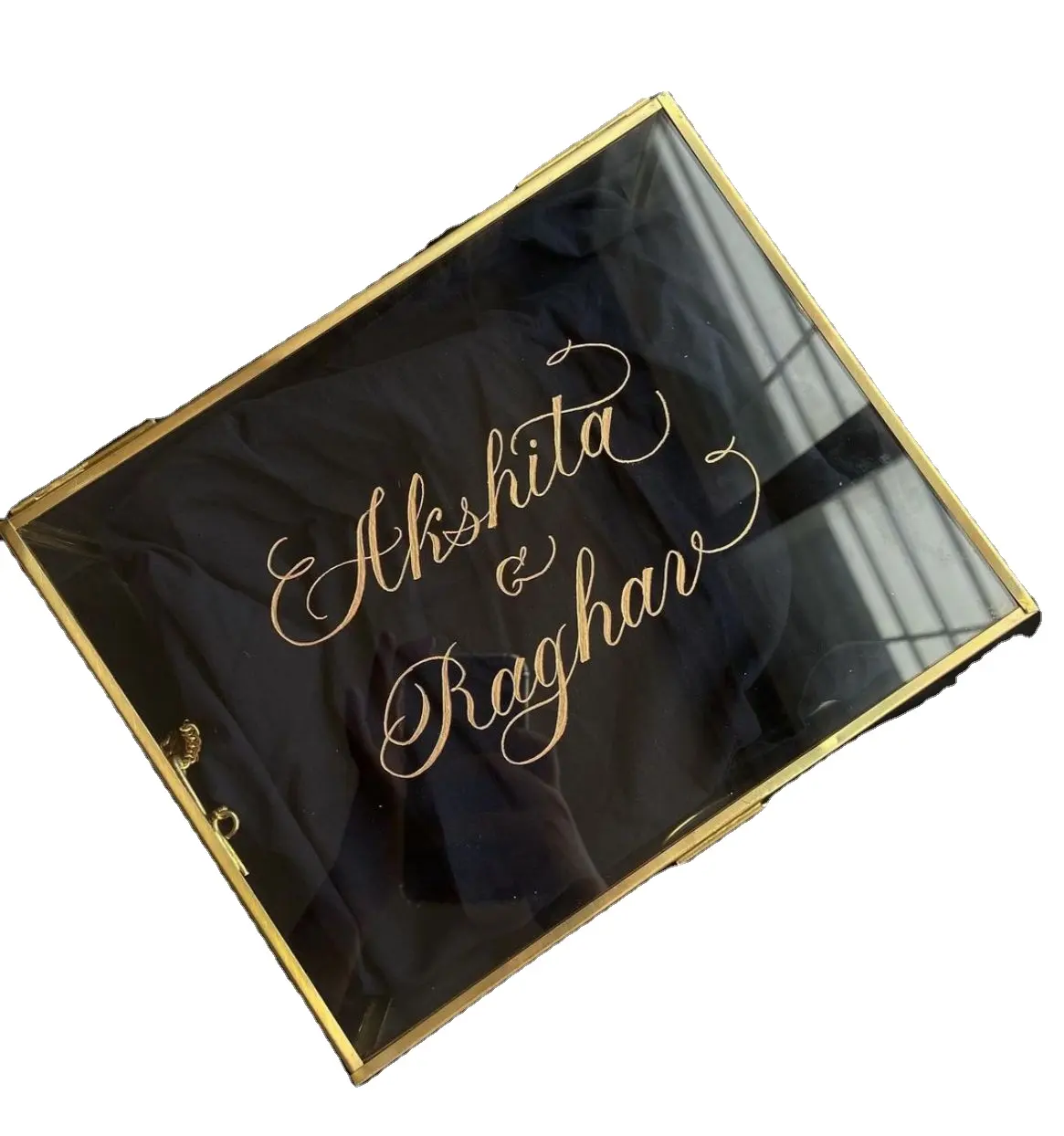 Прямоугольная медная стеклянная коробка, позолоченная отделка с именем, печатная для свадебных пригласительных открыток, декоративная латунная крышка
