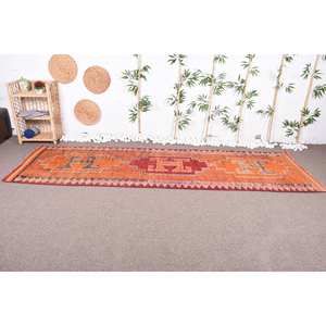 พรมสไตล์ตุรกีโบราณสไตล์ชนเผ่าขนแกะดีไซน์เย็บปะสีส้มแดงขนาด3.3x10.8ฟุตโถงทางเดินทรงสี่เหลี่ยมผืนผ้าขนาดใหญ่10มม. สำหรับข้างเตียง - Product Image 2