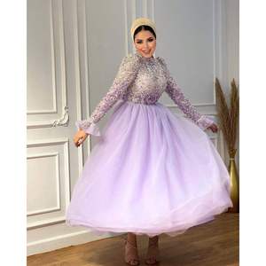 Robe de soirée lavande perlée, taille empire, coupe trapèze, avec sequins, manches courtes, taille XL, pour demoiselle d'honneur ou soirée - Product Image 4
