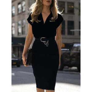 Robe en crêpe à manches courtes et col enroulé pour femme (sans ceinture), 37517 - Noir - Product Image 1