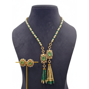 Green Dublet <b>Emerald</b> Polki Long Choker <b>Necklace</b> Set with Earrings for Weddings - Product Image 1