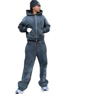 Conjunto Deportivo Personalizado para Hombre, Sudadera con Capucha y Cremallera, Estilo Holgado con Hombros Caídos, Lavado Ácido, Pantalones Deportivos de Algodón 100% con Pedrería - Product Image 5