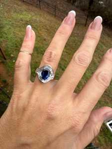 Bague de cocktail en or massif 14 carats avec saphir bleu naturel taille ovale et diamants taille baguette et taille rond sertis en canal, bague de mariage OEM - Product Image 6