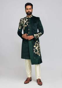 2024 estilizado novio Sherwani pantalón en botella verde adornado dorado Zari bordado Dabka trabajo cuentas de cristal de talla grande - Product Image 2