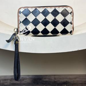 Cartera de mano de cuero genuino con estampado a cuadros para mujer, Cartera de mano de gran capacidad con tarjetero - Product Image 1