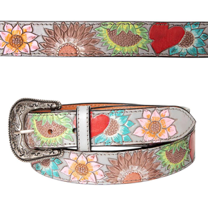 Nouvel arrivage de ceinture unisexe en cuir de vachette véritable Style occidental vintage Design floral usiné à la main boucle en alliage peint à la main - Product Image 1